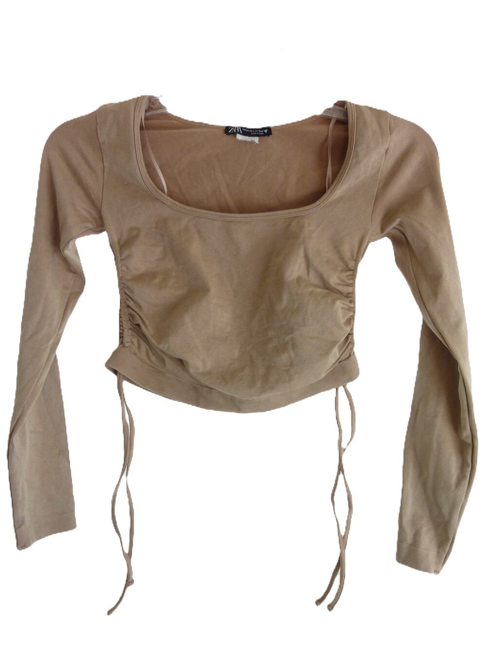 Zara Beige Tan Scrunch Side Square Scoop Neck Crop Top Bodycon XS